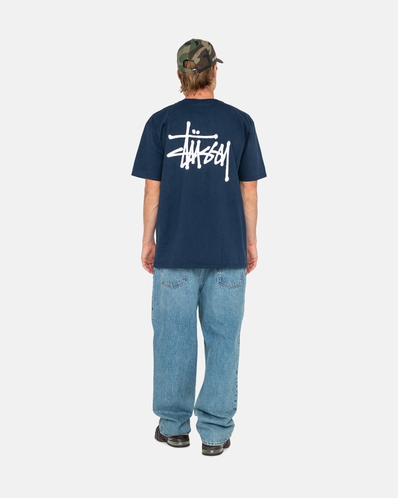 Stussy Basic Men's T Shirts Navy | IL0000109