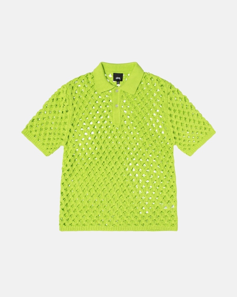 Stussy Big Mesh Polo Men\'s Knit Sweater Light Green | IL0000526