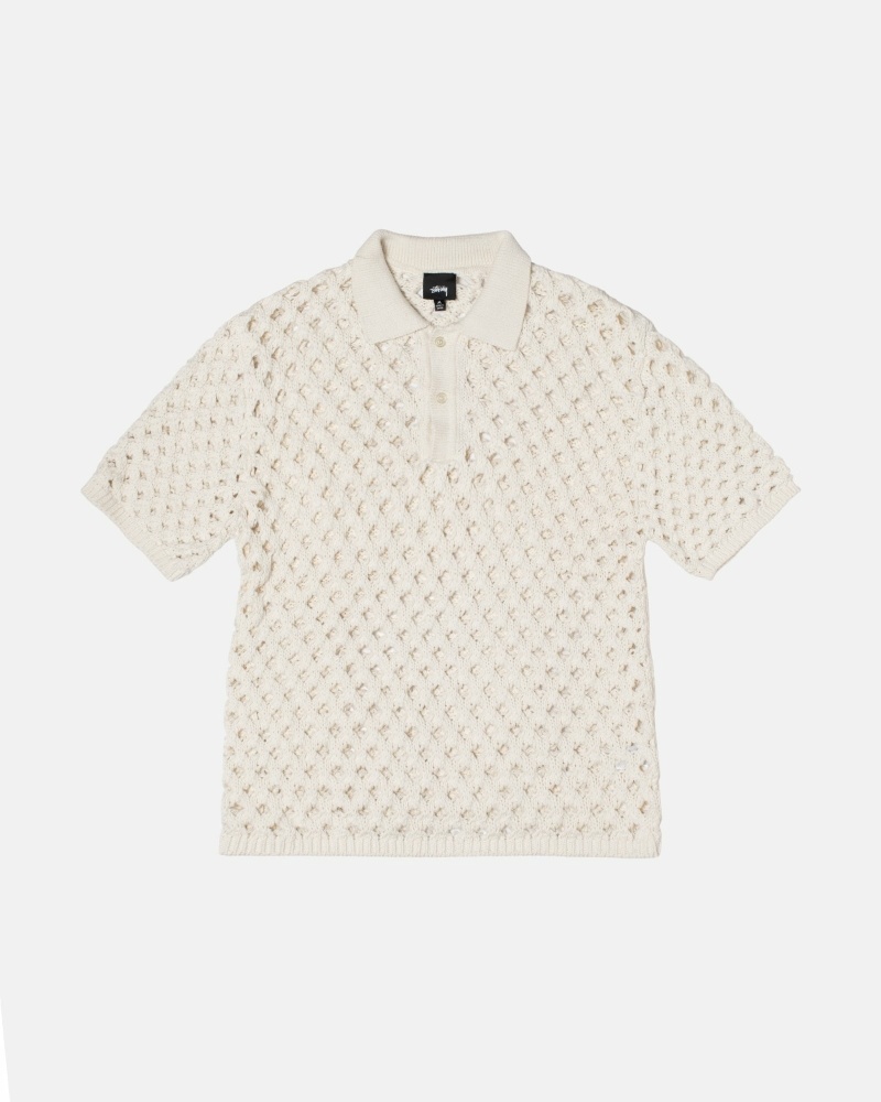 Stussy Big Mesh Polo Men\'s Knit Sweater White | IL0000527