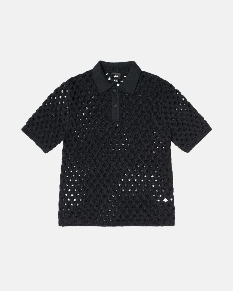 Stussy Big Mesh Polo Men\'s Knit Sweater Black | IL0000528