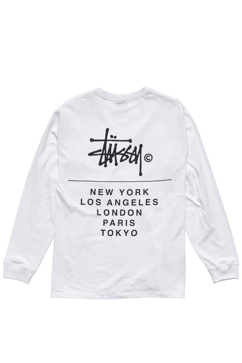 Stussy Cities Stack Men\'s Sweatshirts White | IL0000900