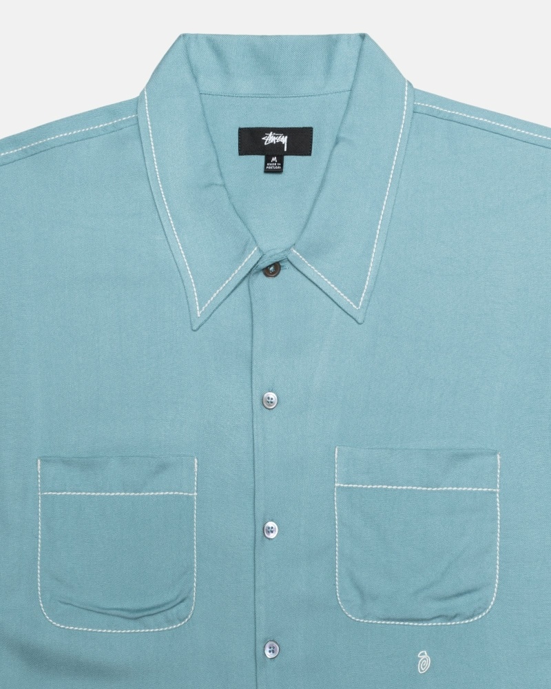 Stussy Contrast Pick Stitched Men's Shirts Blue | IL0000300