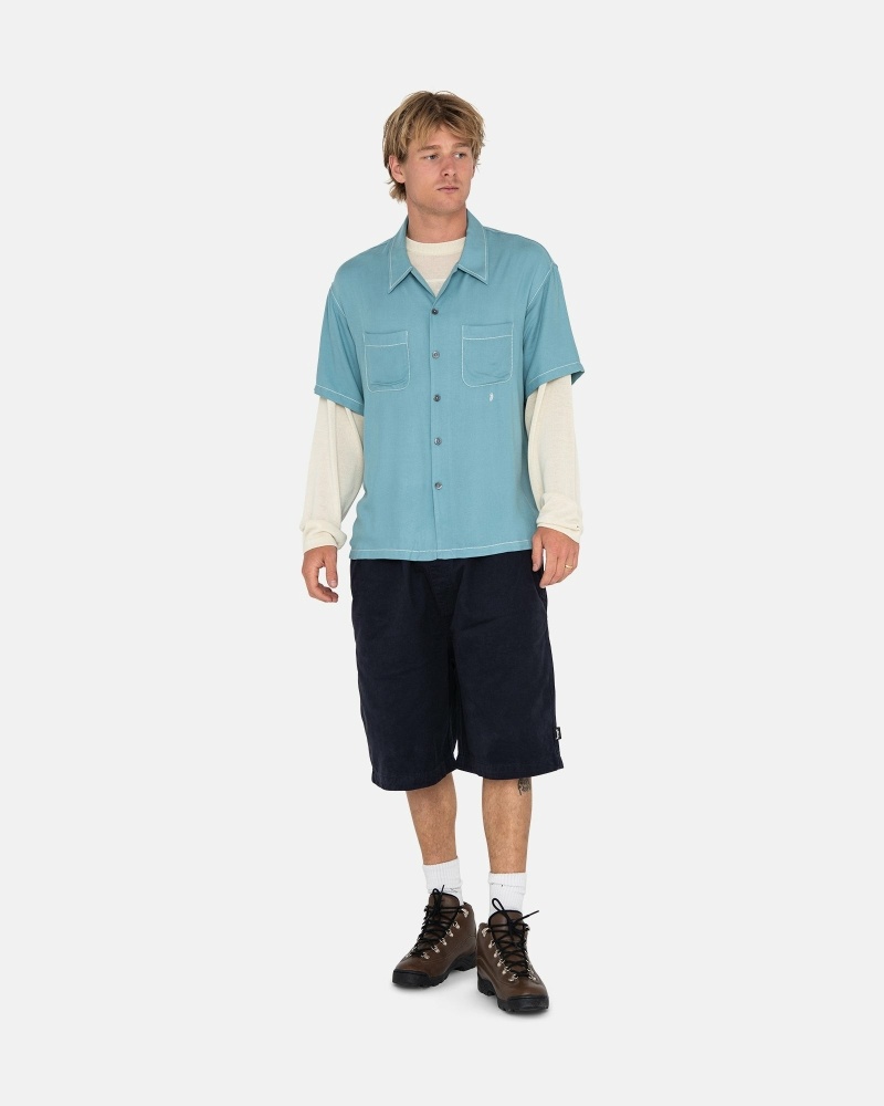 Stussy Contrast Pick Stitched Men's Shirts Blue | IL0000300