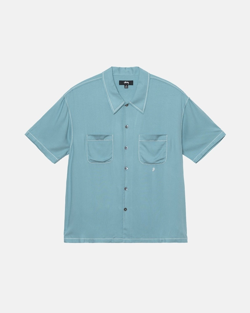 Stussy Contrast Pick Stitched Men\'s Shirts Blue | IL0000300