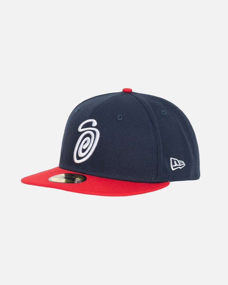 Stussy Curly S 59Fifty New Era Men's Caps Blue Red | IL0000433