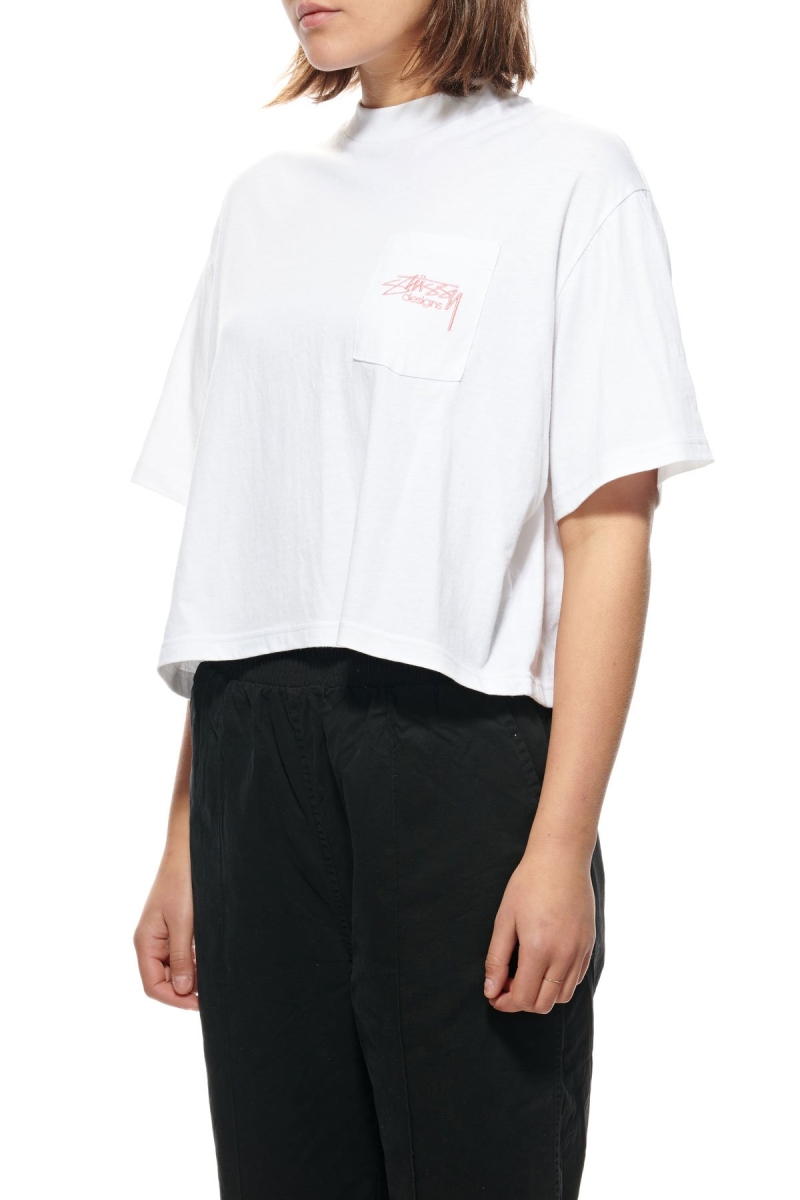 Stussy Designs Pocket Boxy Women's T Shirts White | IL0000151