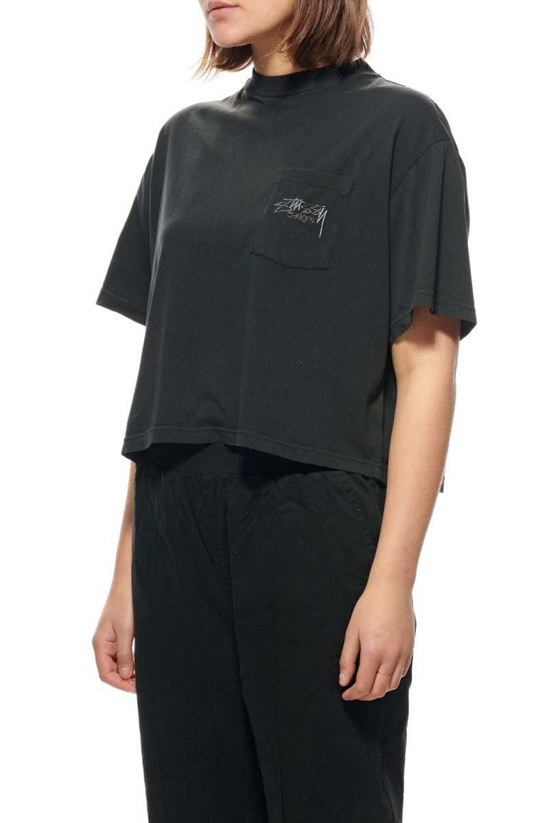 Stussy Designs Pocket Boxy Women's T Shirts Black | IL0000153