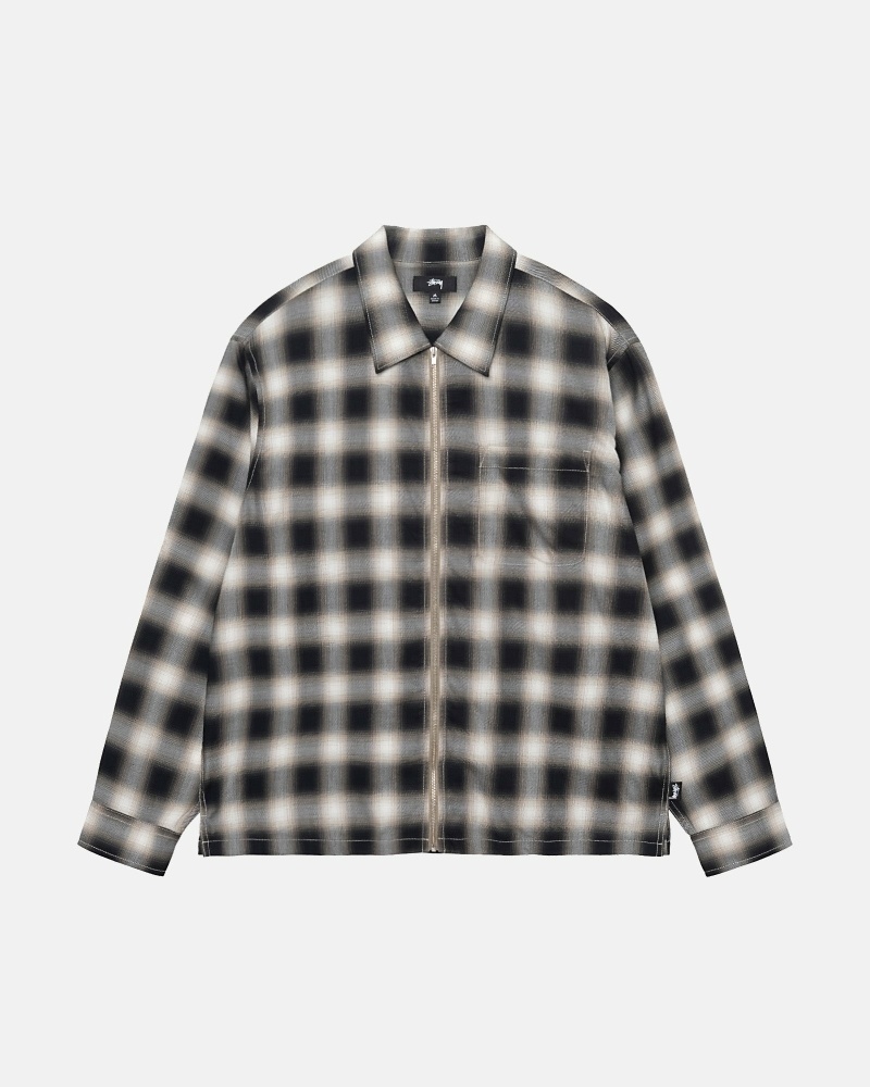 Stussy Eddie Plaid Zip Men\'s Shirts Black | IL0000304