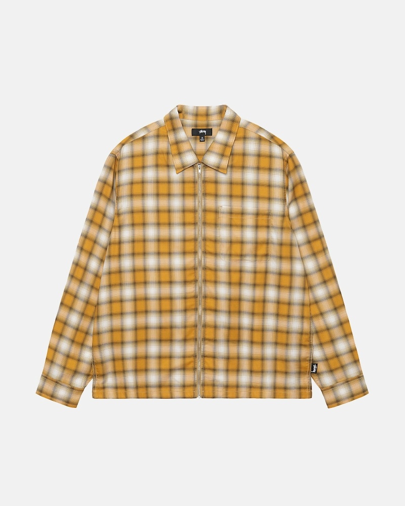 Stussy Eddie Plaid Zip Men\'s Shirts Mustard | IL0000303