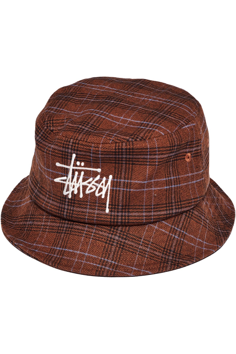 Stussy Graffiti Check Bucket Men\'s Hats Brown | IL0000437