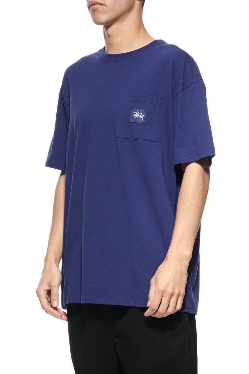 Stussy Graffiti Label SS Men's T Shirts Navy | IL0000179