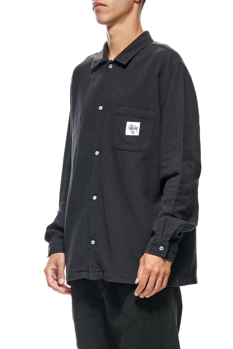 Stussy Grid Seersucker LS Men's Shirts Black | IL0000309