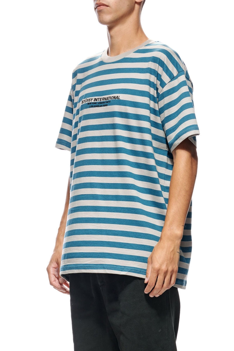 Stussy International Stripe SS Men's T Shirts Blue | IL0000226