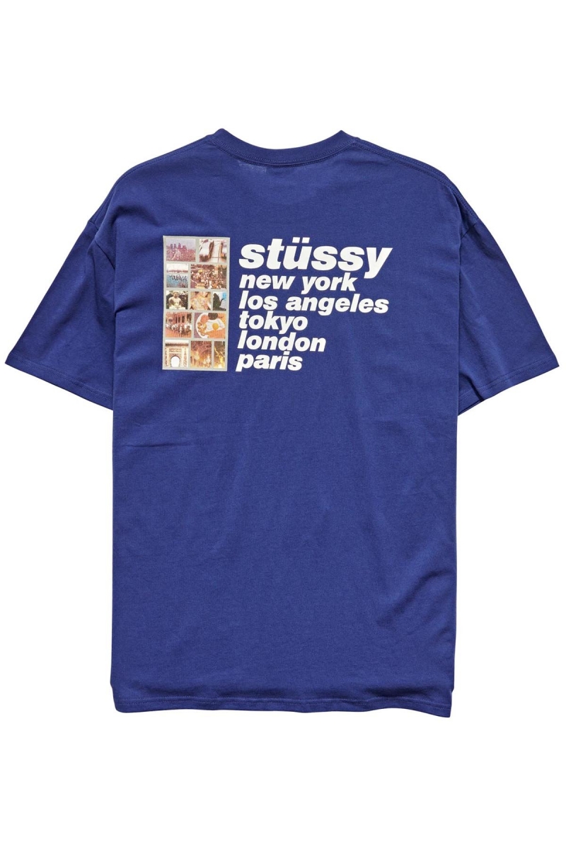 Stussy Italic College SS Men's T Shirts Navy | IL0000227