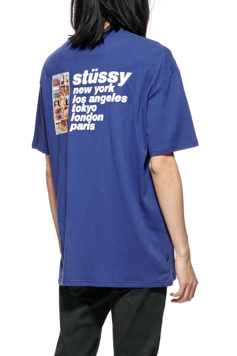 Stussy Italic College SS Men's T Shirts Navy | IL0000227