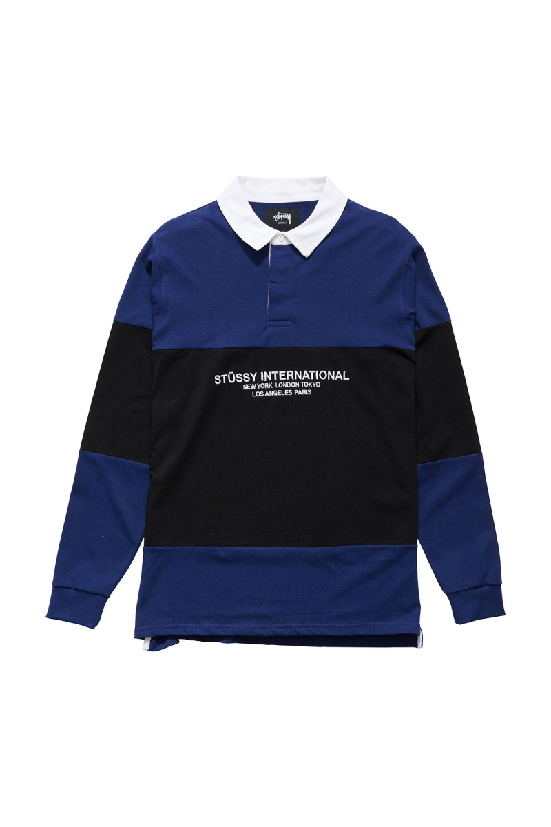 Stussy Panel LS Rugby Men\'s Sweatshirts Navy | IL0000949