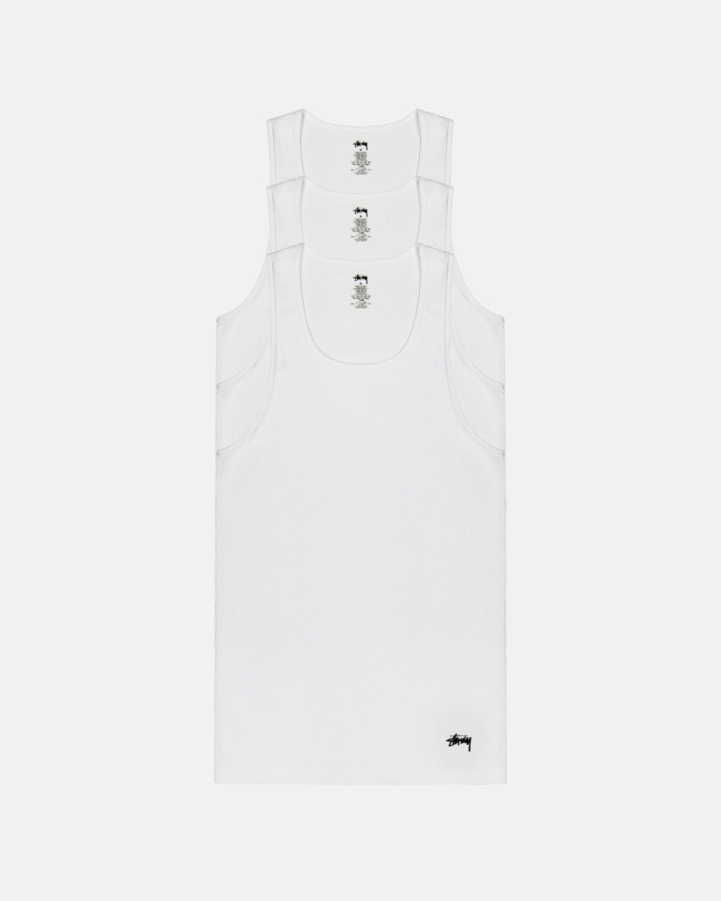 Stussy Ribbed Tank - 3 Pack Men\'s T Shirts White | IL0000259