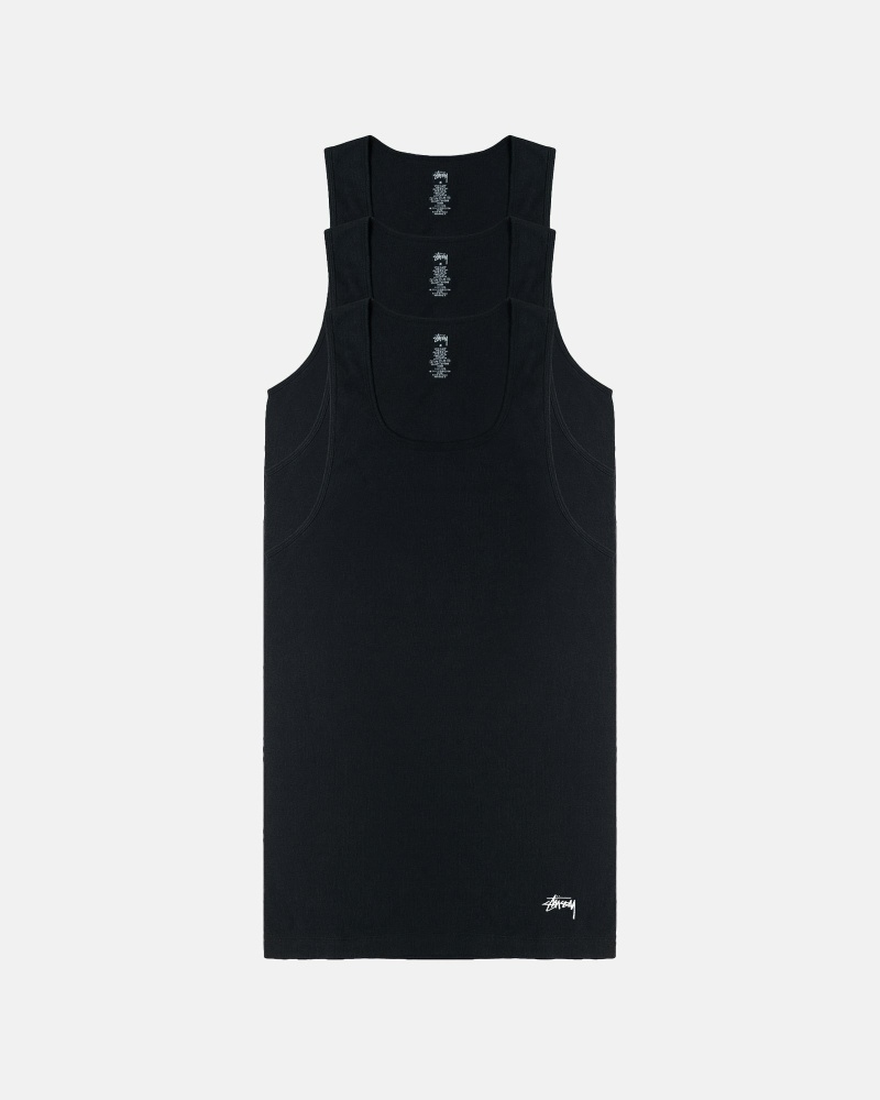 Stussy Ribbed Tank - 3 Pack Men\'s T Shirts Black | IL0000260