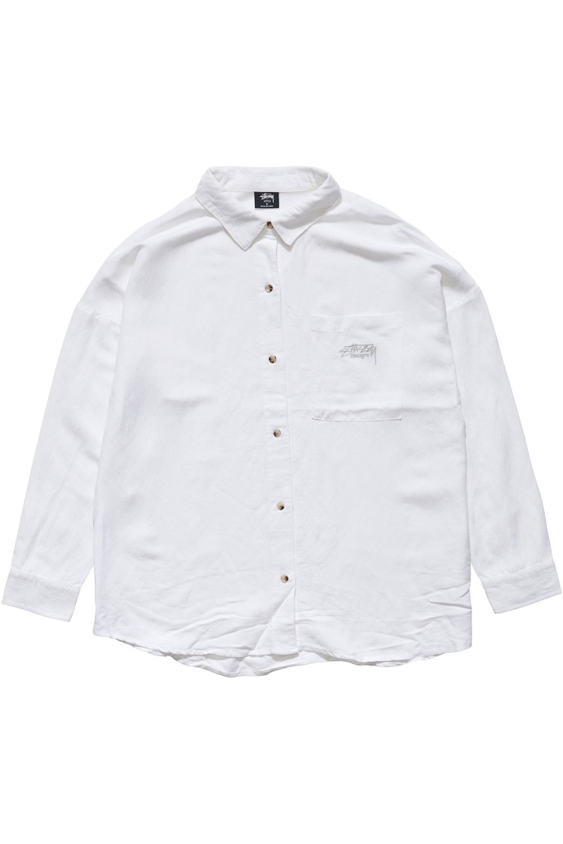 Stussy Shoreline BF Linen Shirt Women\'s Sportswear White | IL0000786