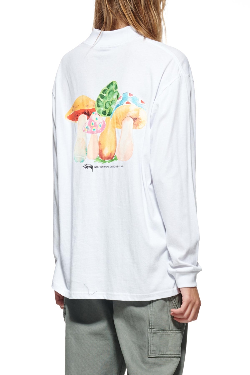 Stussy Shrooms Mock Neck LS Women's Sweatshirts White | IL0000954