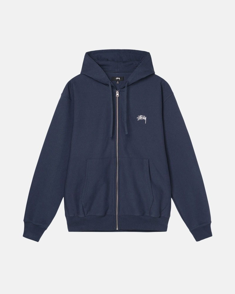 Stussy Stock Logo Zip Men\'s Hoodies Navy | IL0000082