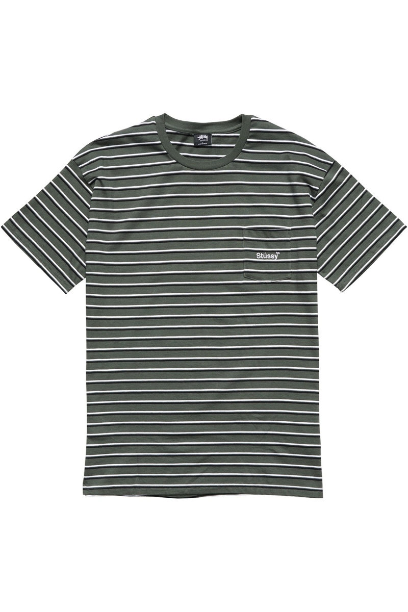 Stussy Text Pocket Stripe Men\'s T Shirts Green | IL0000276