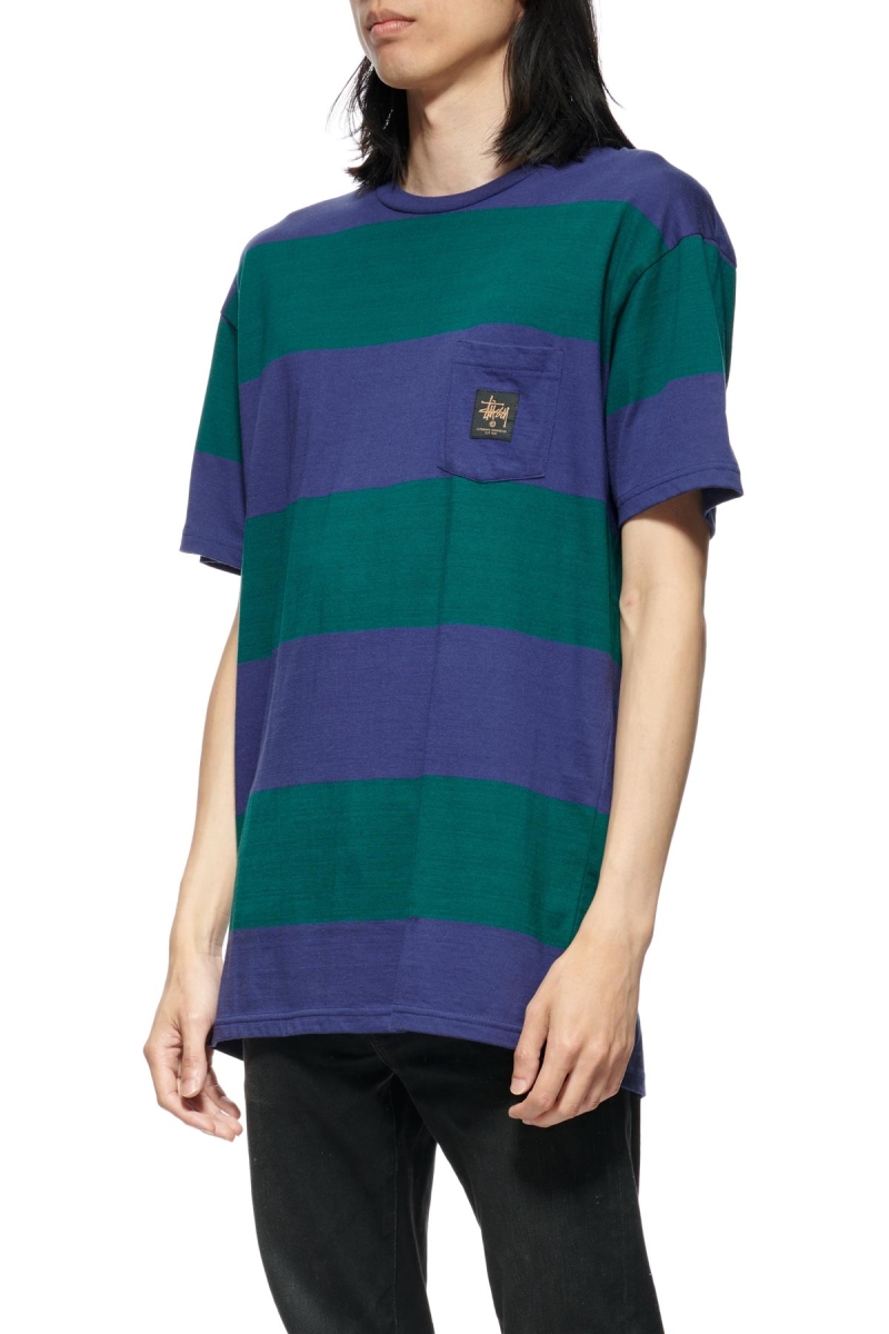 Stussy View Stripe SS Pocket Men's T Shirts Blue | IL0000283