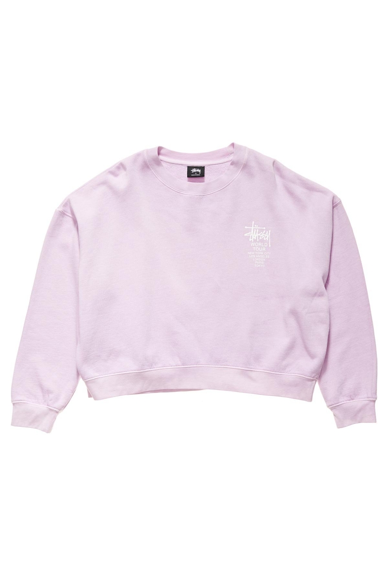 Stussy World Tour Pigment Crew Women\'s Sweaters Pink | IL0000870