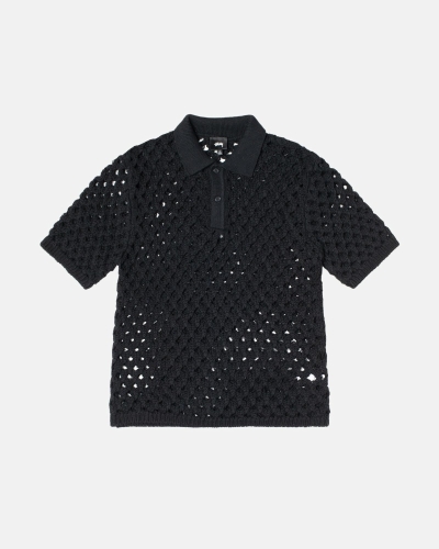 Stussy Big Mesh Polo Men's Knit Sweater Black | IL0000528