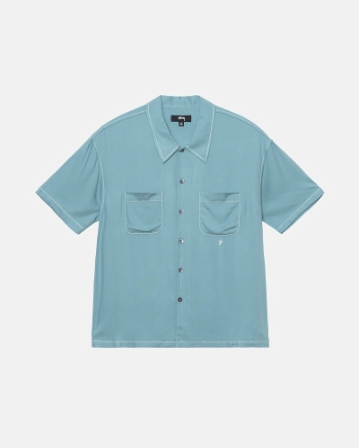 Stussy Contrast Pick Stitched Men's Shirts Blue | IL0000300