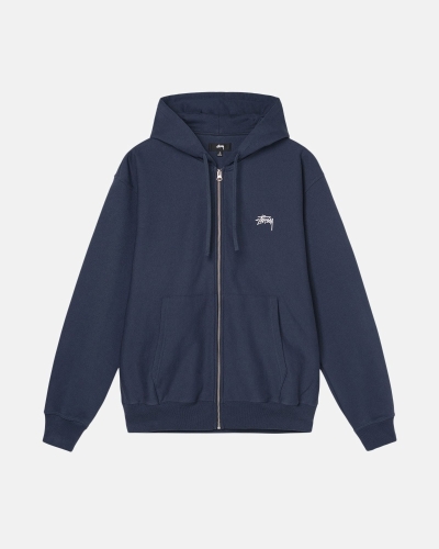 Stussy Stock Logo Zip Men's Hoodies Navy | IL0000082