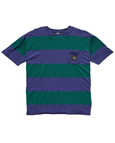 Stussy View Stripe SS Pocket Men's T Shirts Blue | IL0000283